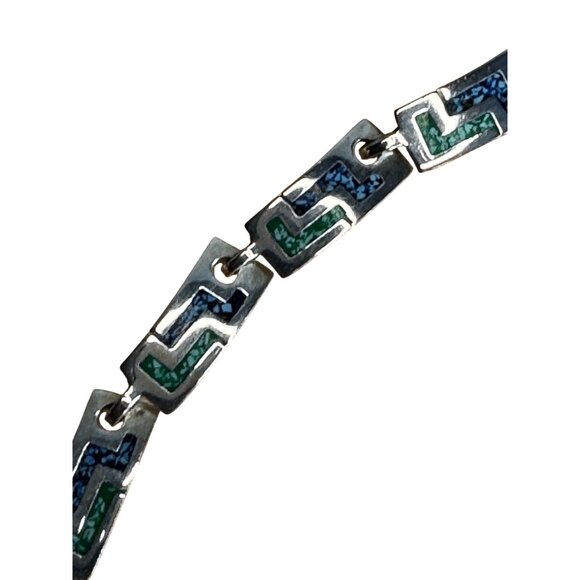 Vintage Mexico Alpaca Silvertone Greek Key Turquoise Inlay Link Necklace 16 3/4" - Picture 4 of 8